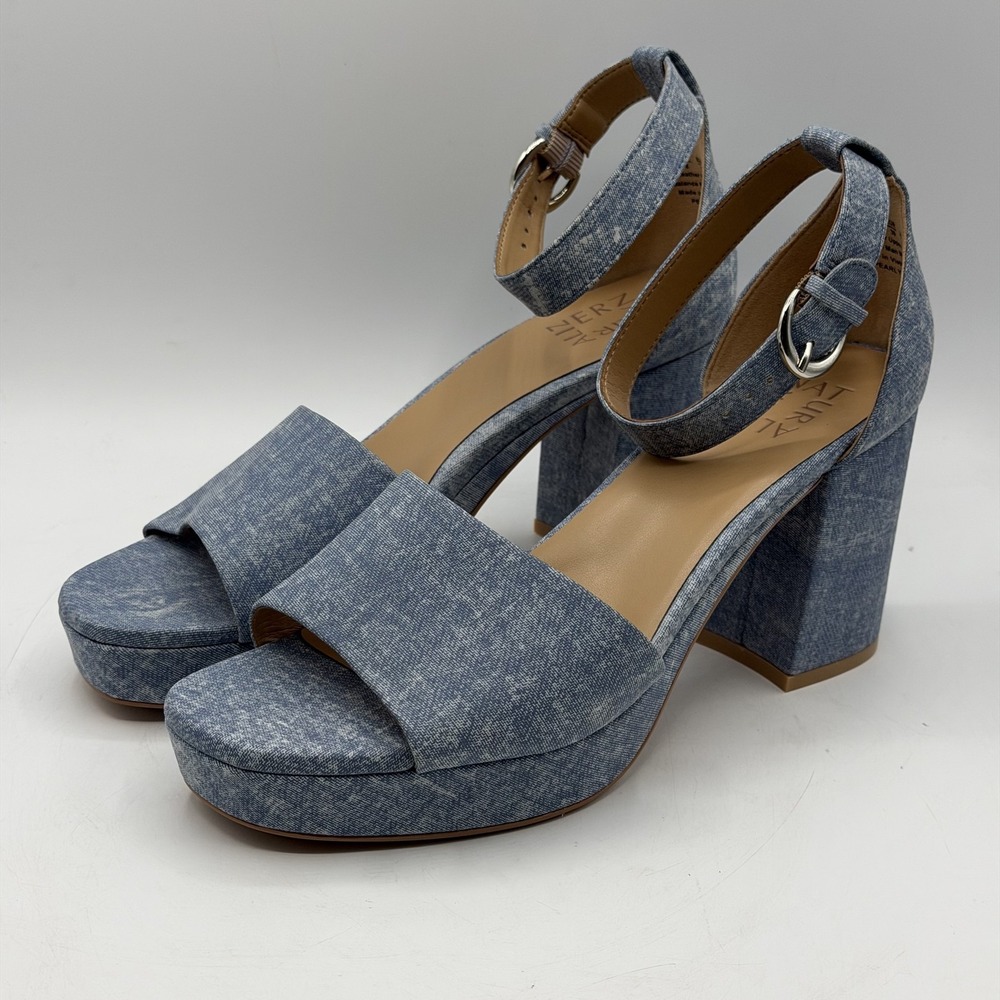 Naturalizer Pearlyn Women's 8.5 Blue Platform Denim Sandal Leather Upper Shoes